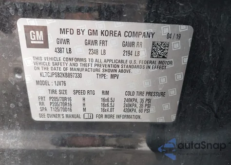 2019 Chevrolet Trax Lt from USA, damaged, VIN KL7CJPSB2KB897330